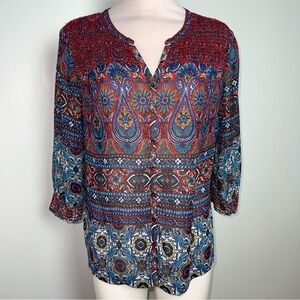 Jones New York Sport Petite Boho Paisley Print Blouse Smocked Yoke Top LP